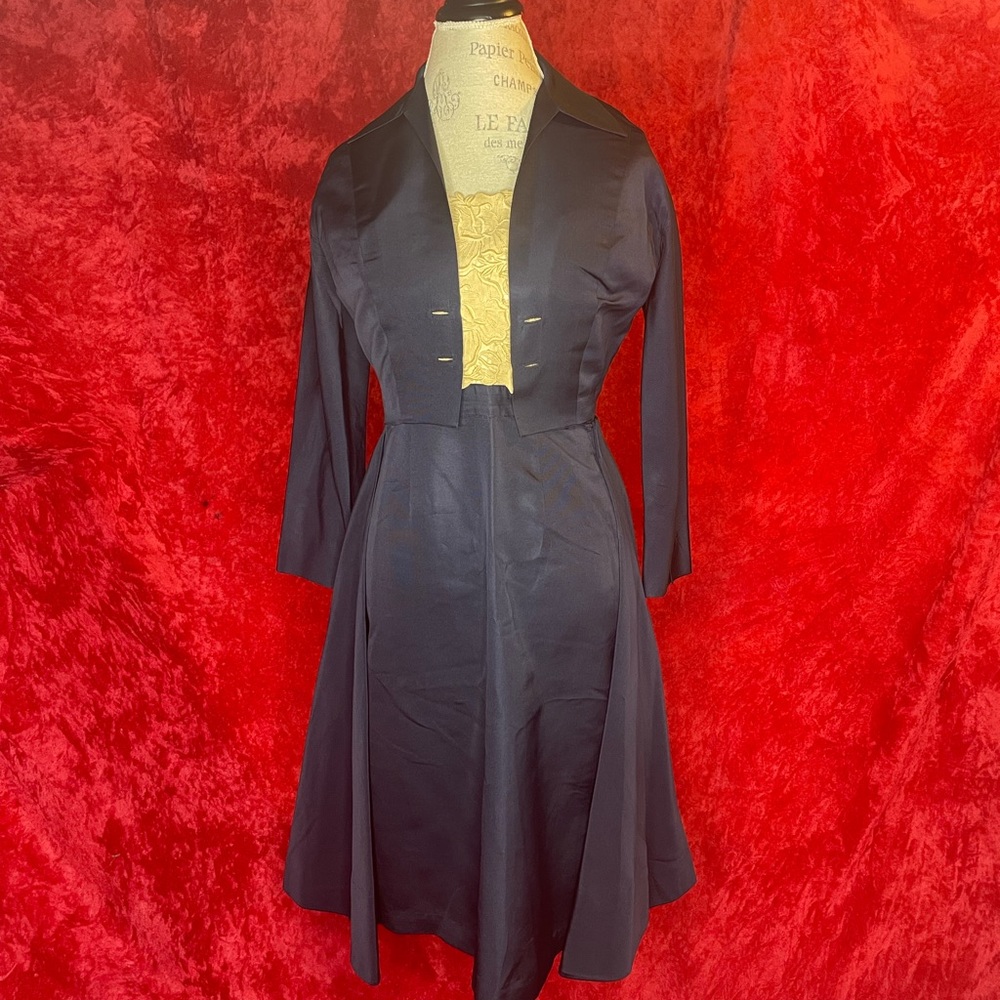 1940s 2 piece navy /cream dress and jacket embroidered set